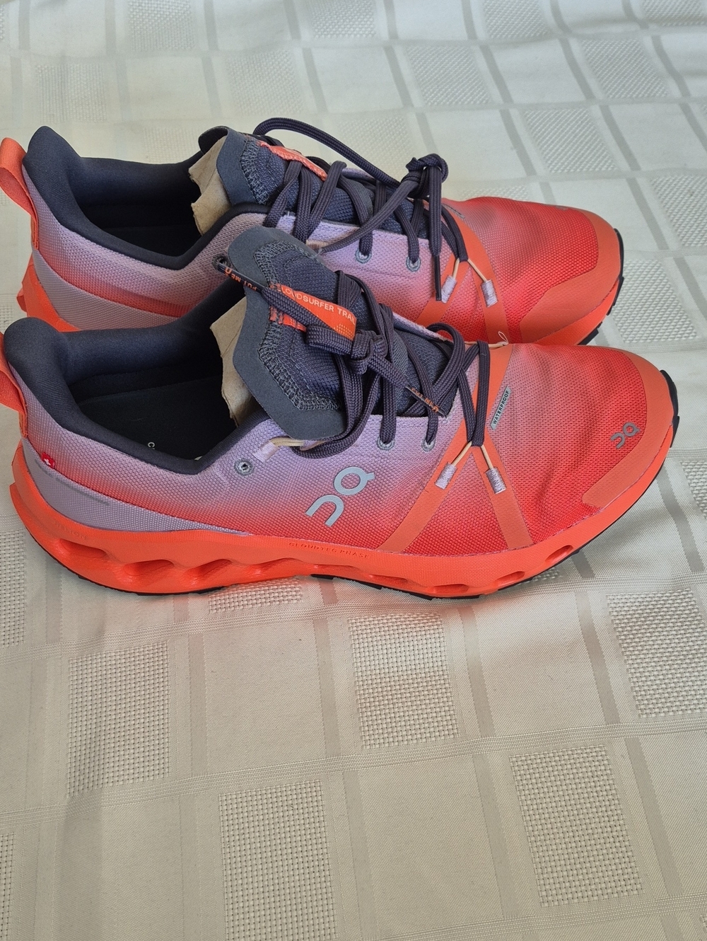 On Running Men's Cloudsurfer Trail Waterproof Athletic Sneaker in Coral 10